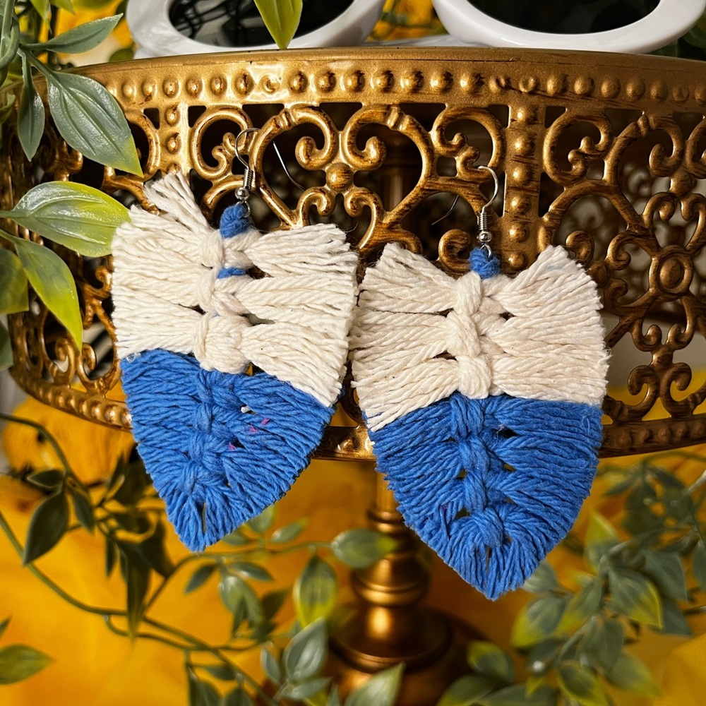 Custom Handmade Macrame Two Tone Feather Shaped Dangle Earrings